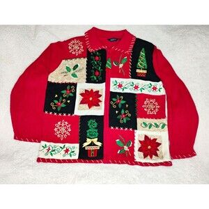 Austin Trading Co. red knit zip up sweater Christmas embroidery women M